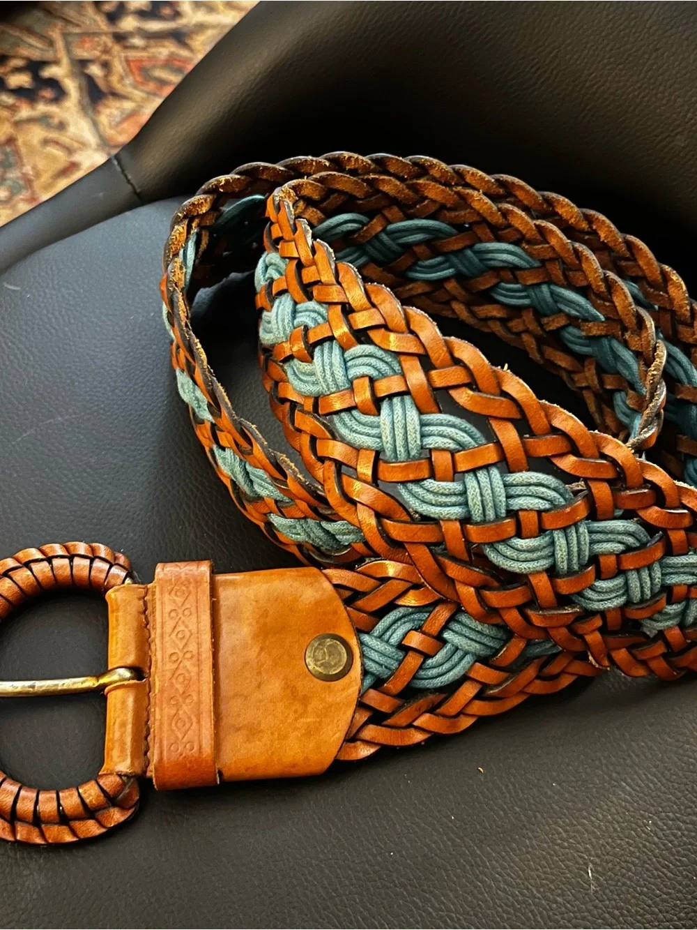 Source Unknown Braided Leather and Teal Belt